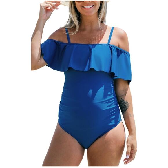 CUPSHE One Piece Maternity Swimsuit Ruffled Square Neck Off Shoulder -NWT - Sz S - Picture 2 of 6